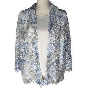 Alfred Dunner Lace Cardigan Watercolor Blue Sheer Open Front Petite Size PL